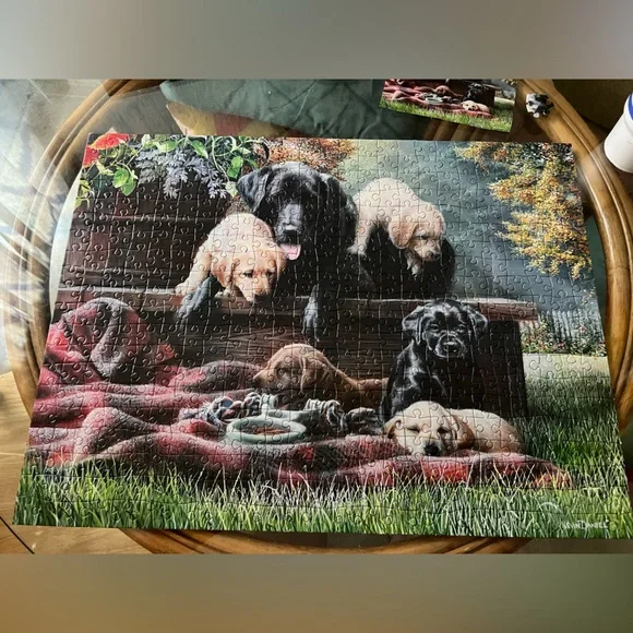 500 Pc DOG Puzzle 🧩 “Cozy Moments” Pic by Artist Kevin Daniel: Lab & Puppies - Picture 4 of 7